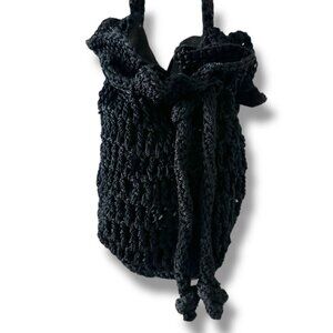 Vintage Handmade Black Crochet Drawstring Bucket Bag Boho Hippie Cottagecore